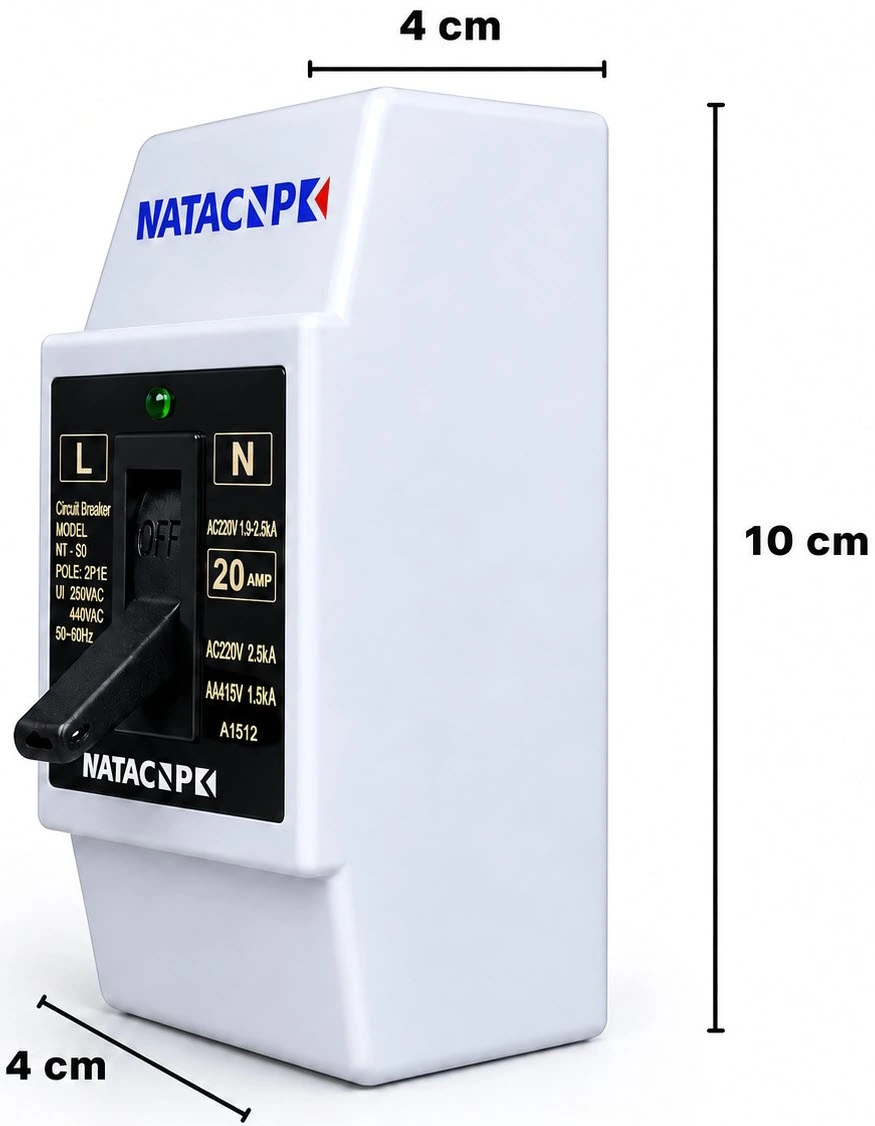 NATA NT-S0 20A safety circuit breaker side view with approximate 10 by 4 by 4 centimetre dimensions